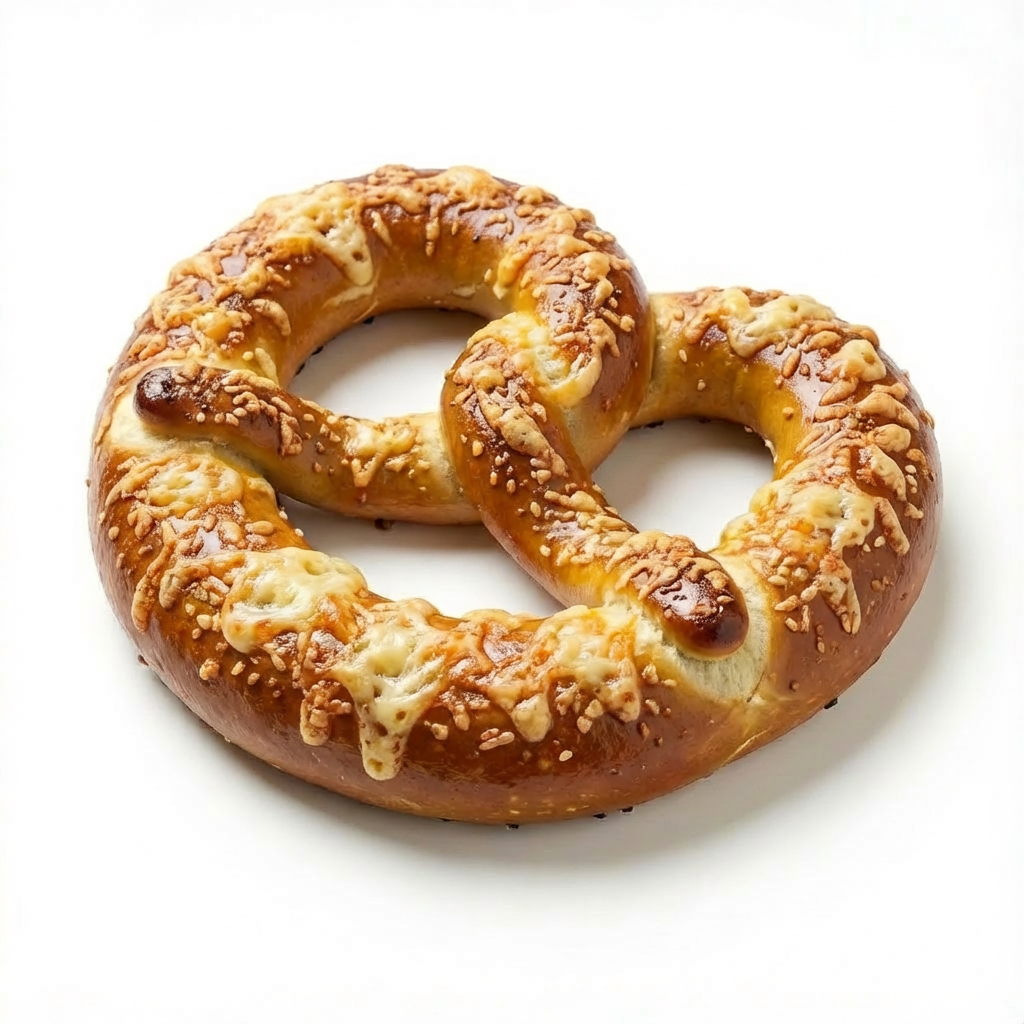 Golden brown pretzel covered in large grains of salt