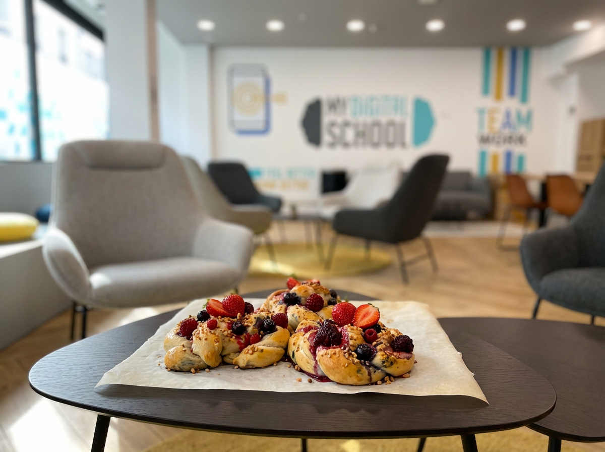 Illustration of a medieval Romanian market square with a traditional pretzel vendor stand, stylized with folk art patterns